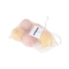 A mesh storage bag containing various bright-colored items, possibly fruits like oranges and apples, with a drawstring closure and a label that reads BRWNUS. The bag is displayed against a plain white background.