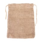 A small, empty burlap drawstring bag lies flat on a white background. The bag has a textured, woven appearance with two strings tied at the top for closure.