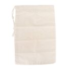A plain, off-white cotton drawstring bag with visible creases, laid flat. The drawstring is positioned on the left side of the image. The texture of the fabric is slightly coarse, and the bag is unadorned.