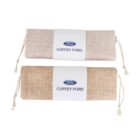 Two rolled beige and brown textured mats, each with a white band labeled Ford and Coffey Ford, featuring drawstring ties on each end.