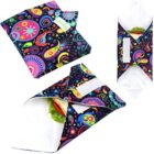 Three colorful sandwich wraps with psychedelic patterns are shown. Two are closed, and one is open, partially revealing a sandwich with lettuce and other fillings. The wraps have a fabric-like texture and a Velcro fastening.