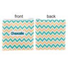 Zigzag patterned pouch shown from the front and back, featuring alternating teal, orange, and white zigzag lines. The word escale is printed on the front in blue, located near the top left. Both sides have white zipper closures.