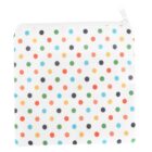 A white zippered pouch with a colorful polka dot pattern in red, blue, orange, yellow, and green dots.
