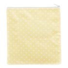 A square yellow fabric pouch with a white zipper at the top. The pouch features a pattern of evenly spaced small white polka dots.