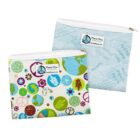 Two zippered pouches with environmental themes. The front pouch features colorful Earth illustrations, peace signs, and nature motifs. The back pouch has a light blue design with repetitive Recycle text. Both have a Planet Wise logo.