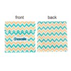 A zippered pouch with a chevron pattern in orange, yellow, and teal. The front displays the word escale in teal. The back shows the same pattern without text. The design is bright and colorful.