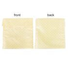 Two yellow fabric pouches are shown, labeled front and back. Both have a polka dot pattern with white dots. The front has a flap on top, while the back is plain.