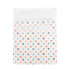 A white pouch with a colorful polka dot pattern featuring red, green, light blue, grey, and yellow dots. The top of the pouch has a transparent section and a white, Velcro-like closure.