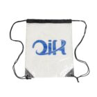 Clear drawstring bag with black strings and corners, featuring a blue logo resembling the letters HIC in a swirling design. The bag is displayed on a white background.