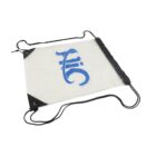 Clear drawstring bag with black strings and corners, featuring a blue, stylized logo resembling a wave or curved lines on its front. The bag is rectangular and shown on a white background.