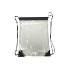 Clear drawstring backpack with black strings and reinforced corners.