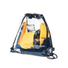 Clear drawstring backpack containing various colorful items, including yellow and blue objects. The bag has black strings and reinforced corners. The contents are visible through the transparent material.