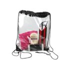 A clear drawstring backpack containing a pink towel, a bottle of Aveeno lotion, a red insulated water bottle, and a smartphone. The bag has black straps and is set against a plain white background.