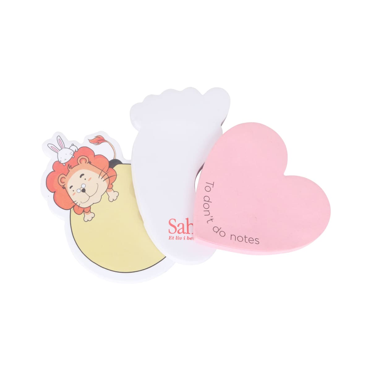 Three sticky note pads: the first with a cartoon lion and bunny design, the second shaped like a footprint, and the third pink, heart-shaped with To dont do notes text.