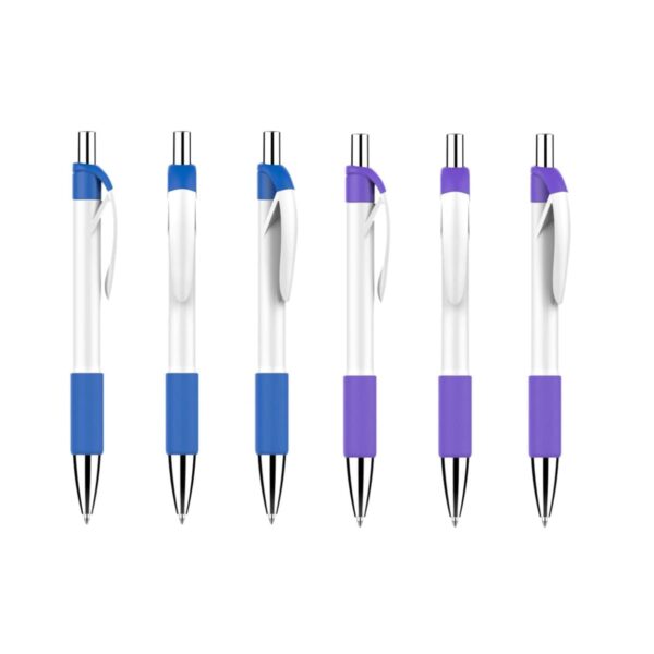 Six retractable pens are lined up in two groups of three. The left group has white bodies with blue grips and clips, while the right group has white bodies with purple grips and clips. Each pen has a metal tip and retractable mechanism.