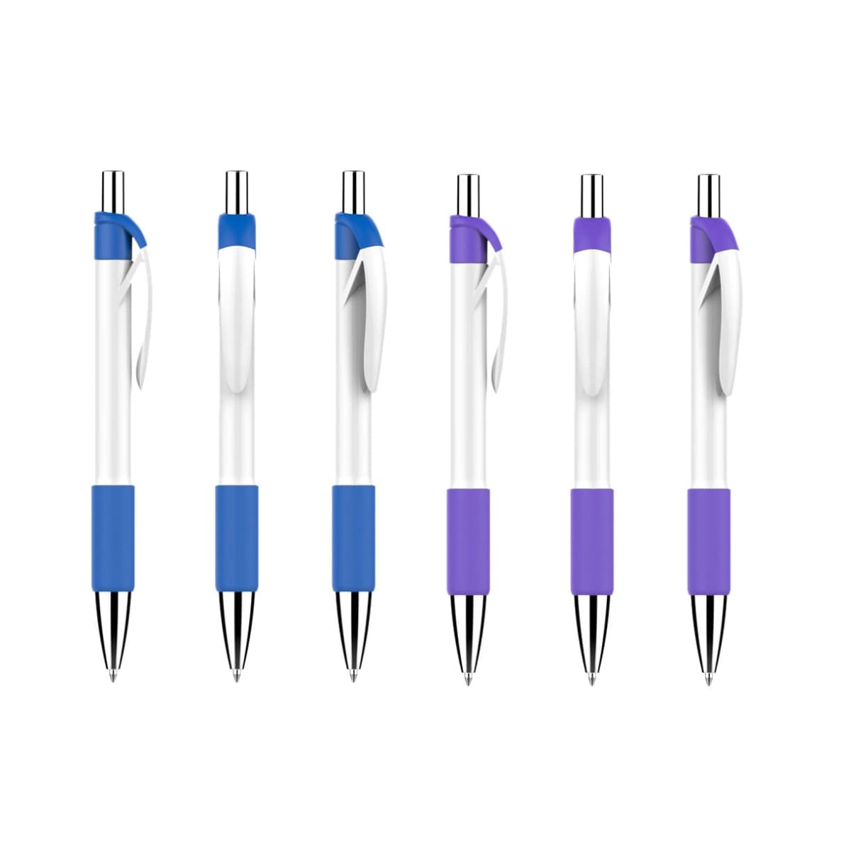 Six ballpoint pens are lined up vertically against a white background. The pens have white barrels, silver tips, and click mechanisms. There are three pens with blue grips and three with purple grips, arranged alternately.