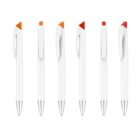 Six white pens with silver tips are arranged upright. Each pen has a different colored top: two with orange, two with red, and two with a light orange hue. They all have white clips.