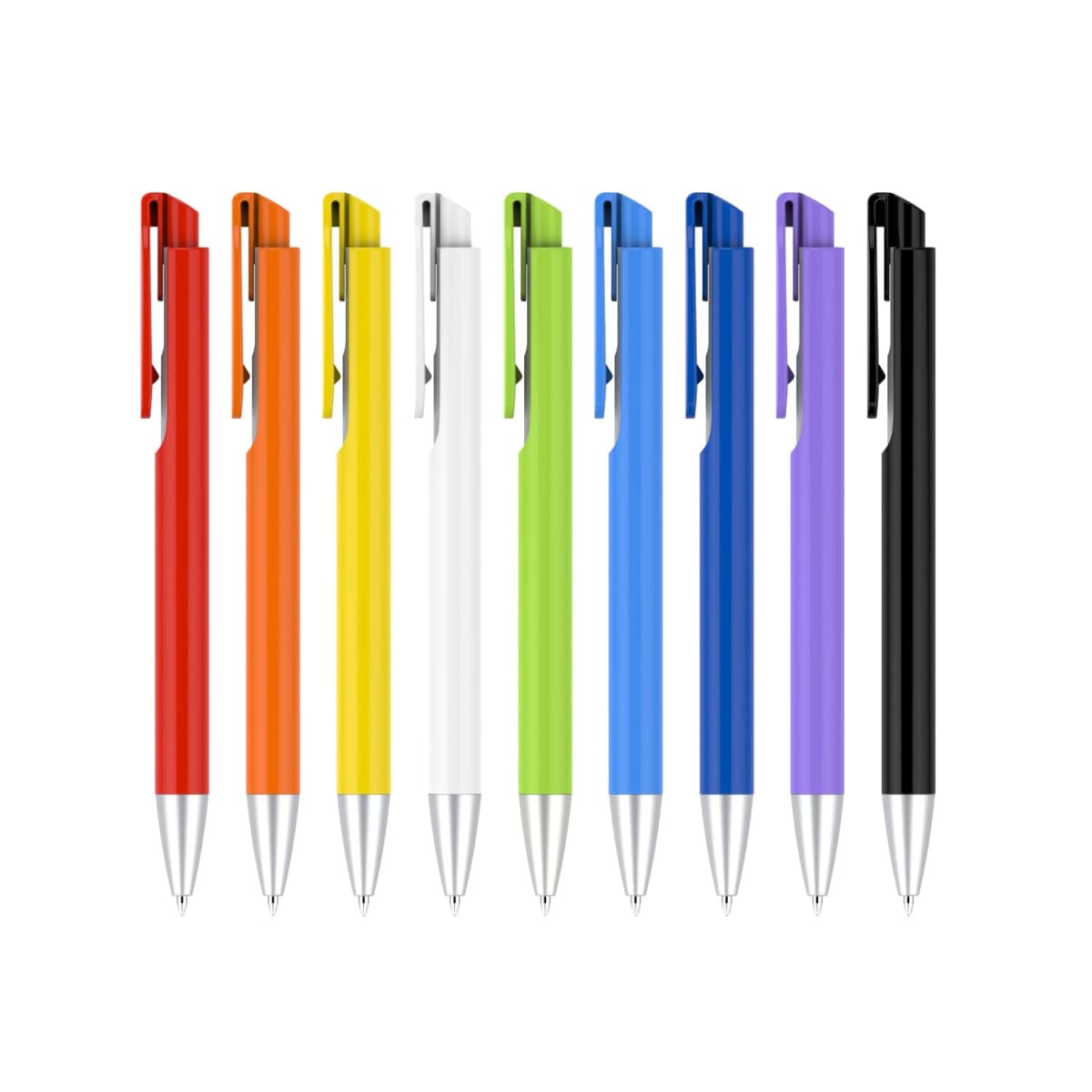 Nine ballpoint pens in a row with different colors: orange, red, yellow, green, white, light blue, blue, purple, and black. Each pen has a silver tip and clip, set against a white background.