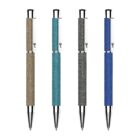 Four ballpoint pens lined up vertically, each with a different colored barrel: brown, teal, dark grey, and blue. All pens feature a metallic clip and tip with a textured grip area.
