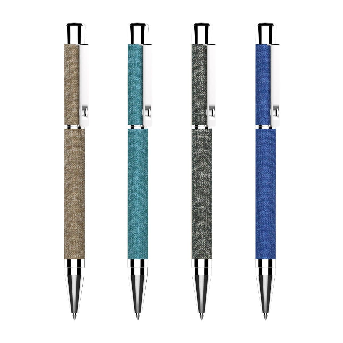 Four ballpoint pens lined up vertically, each with a different colored barrel: brown, teal, dark grey, and blue. All pens feature a metallic clip and tip with a textured grip area.