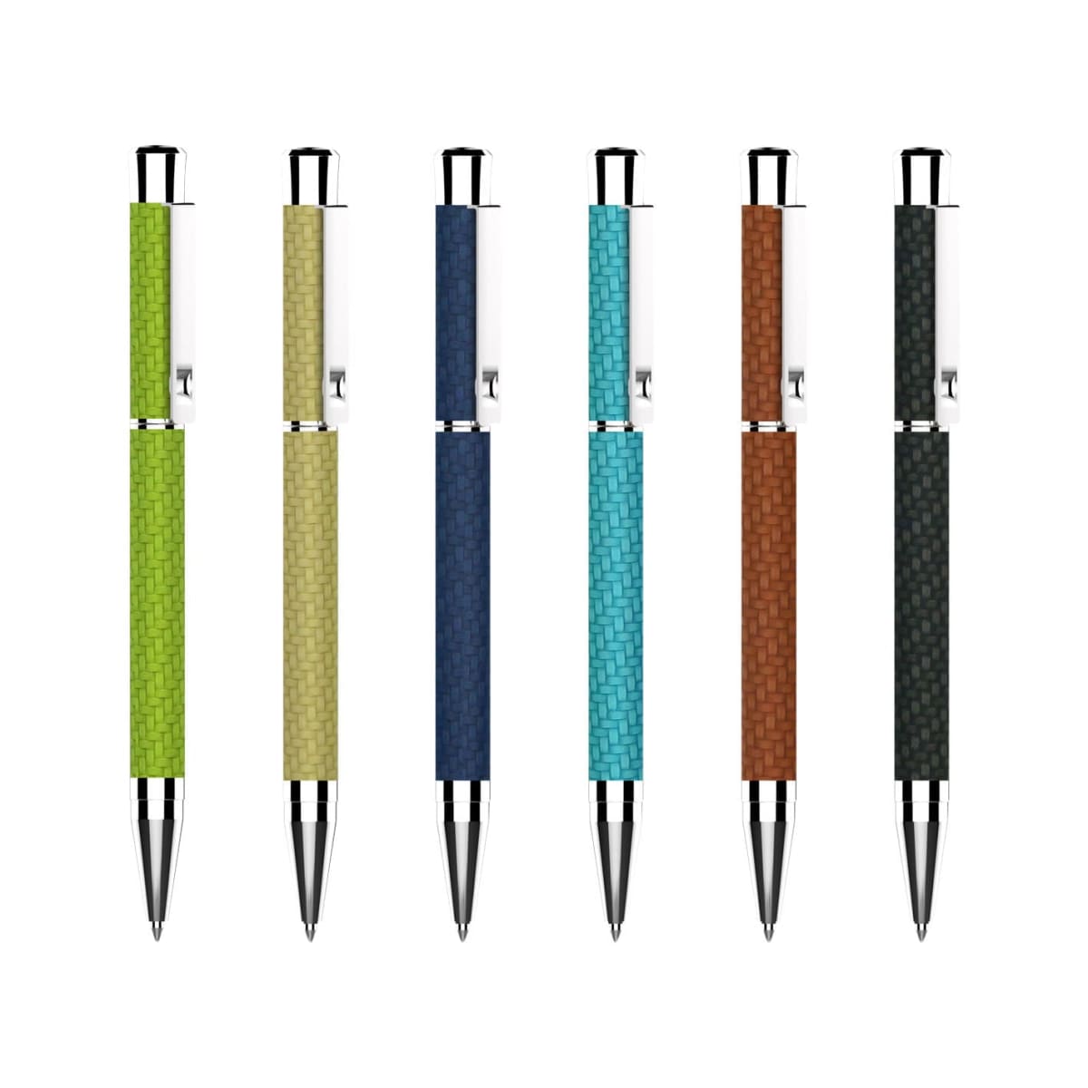 Six ballpoint pens with textured grips in green, light green, blue, dark blue, brown, and dark brown are lined up against a white background. Each pen features silver accents.