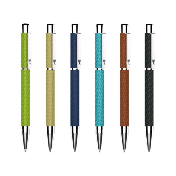 Six ballpoint pens in a row, each with a woven-textured grip in different colors: light green, beige, blue, teal, brown, and dark green. The pens have metallic clips and tips, set against a plain white background.