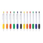 A row of twelve white pens with colored grips and click buttons, arranged on a white background. The colors include yellow, red, green, blue, orange, and black, repeating throughout the lineup.