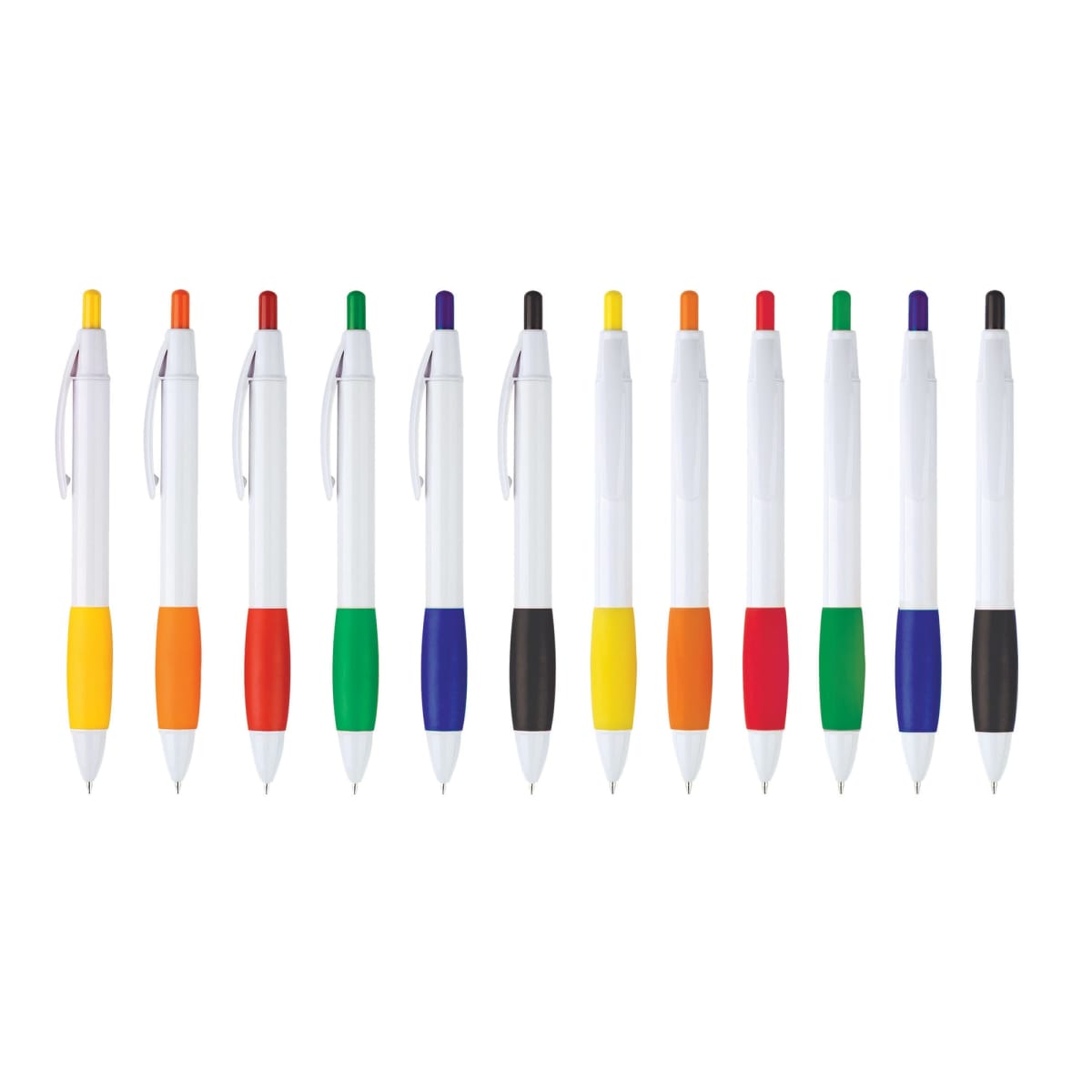 A row of twelve white pens with colored grips and click buttons, arranged on a white background. The colors include yellow, red, green, blue, orange, and black, repeating throughout the lineup.