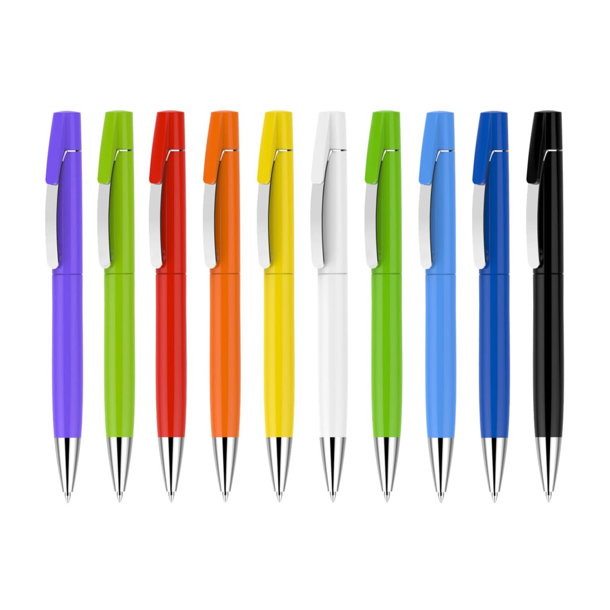 A row of ten colorful pens with silver tips and clips. The pens are arranged in the following order: purple, green, red, orange, yellow, white, green, blue, light blue, and black.