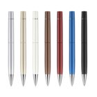 A row of seven sleek, metallic ballpoint pens in different colors: silver, gold, white, bronze, red, blue, and black, with a shiny finish and silver tips. Theyre arranged vertically against a white background.