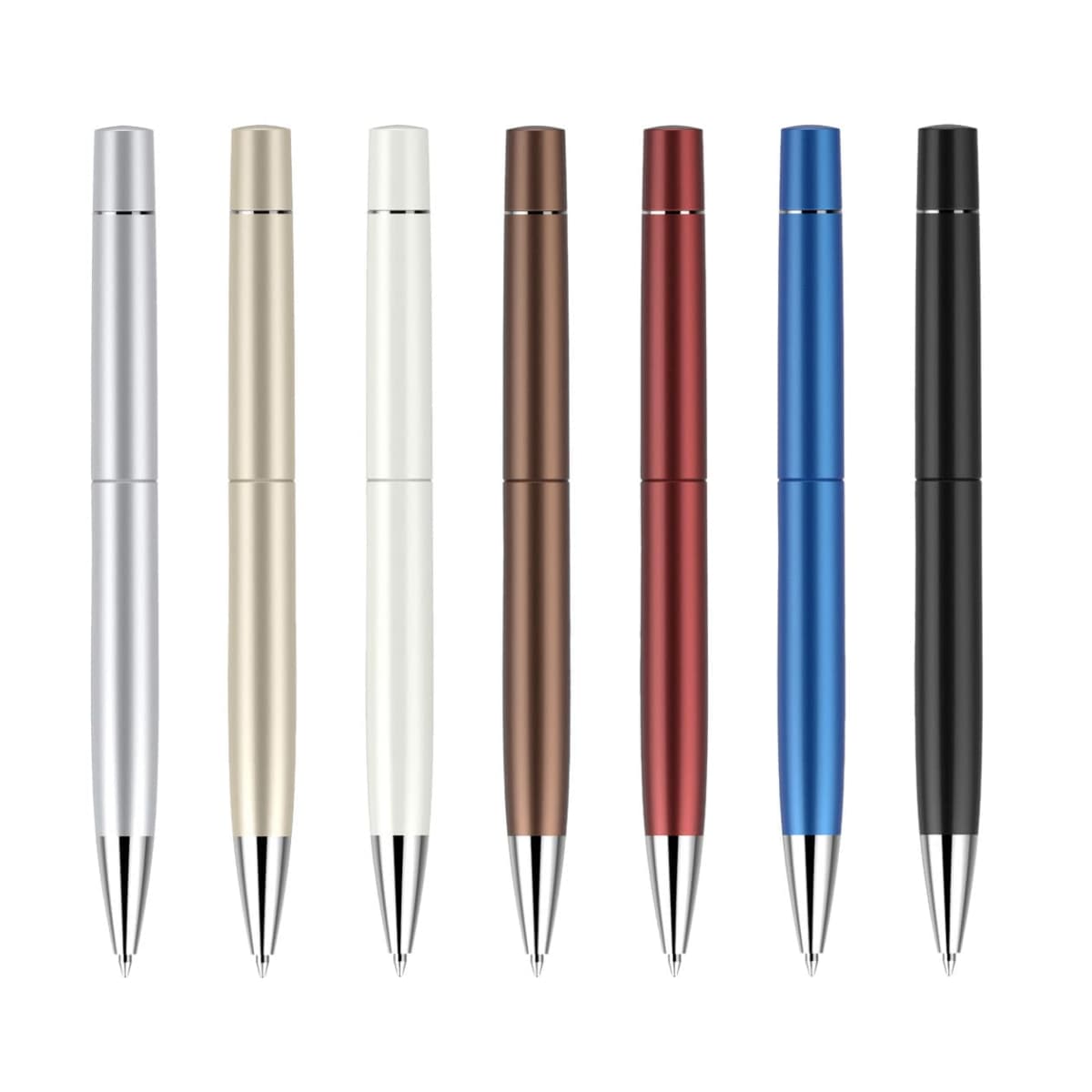 A row of seven sleek, metallic ballpoint pens in different colors: silver, gold, white, bronze, red, blue, and black, with a shiny finish and silver tips. Theyre arranged vertically against a white background.