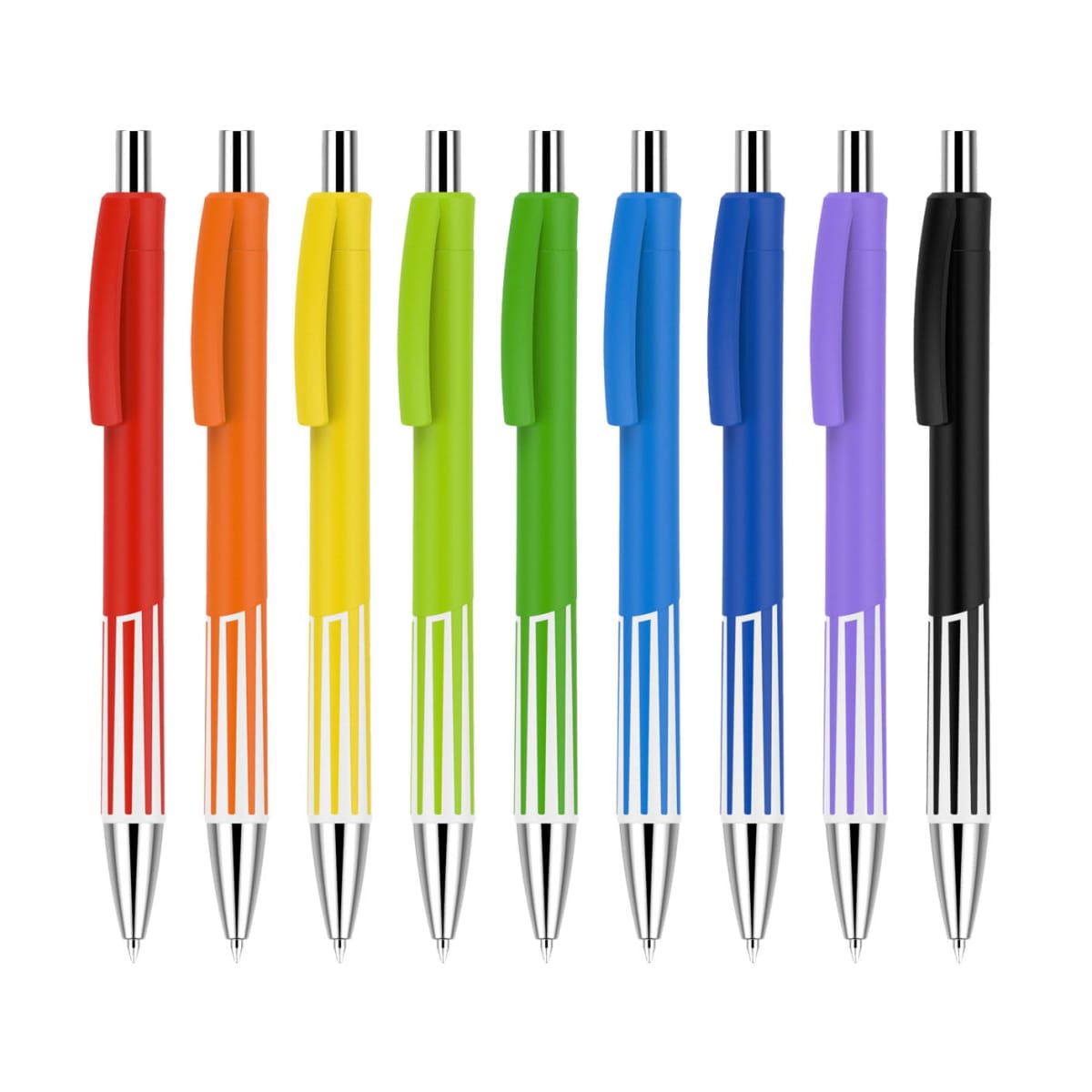 Nine colorful pens arranged in a row. From left to right: red, orange, yellow, light green, green, light blue, blue, purple, and black. Each pen has a silver clip, tip, and detailing near the grip area.