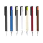 Seven pens in various colors—black, blue, gray, silver, gold, red, and brown—are aligned vertically on a white background. Each pen has a black clip attached to the top.