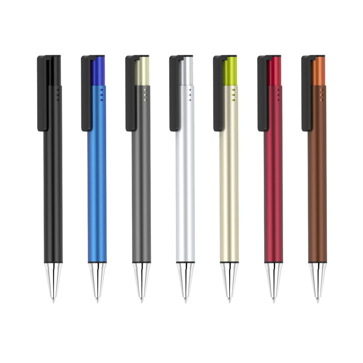 Seven pens in various colors—black, blue, gray, silver, gold, red, and brown—are aligned vertically on a white background. Each pen has a black clip attached to the top.