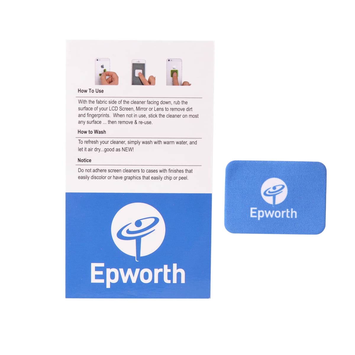 A blue and white cleaning kit package for an LCD screen, labeled Epworth. Includes an instruction sheet on usage and washing, and a blue cleaning cloth with the Epworth logo, featuring a circular design and a stylized letter E.