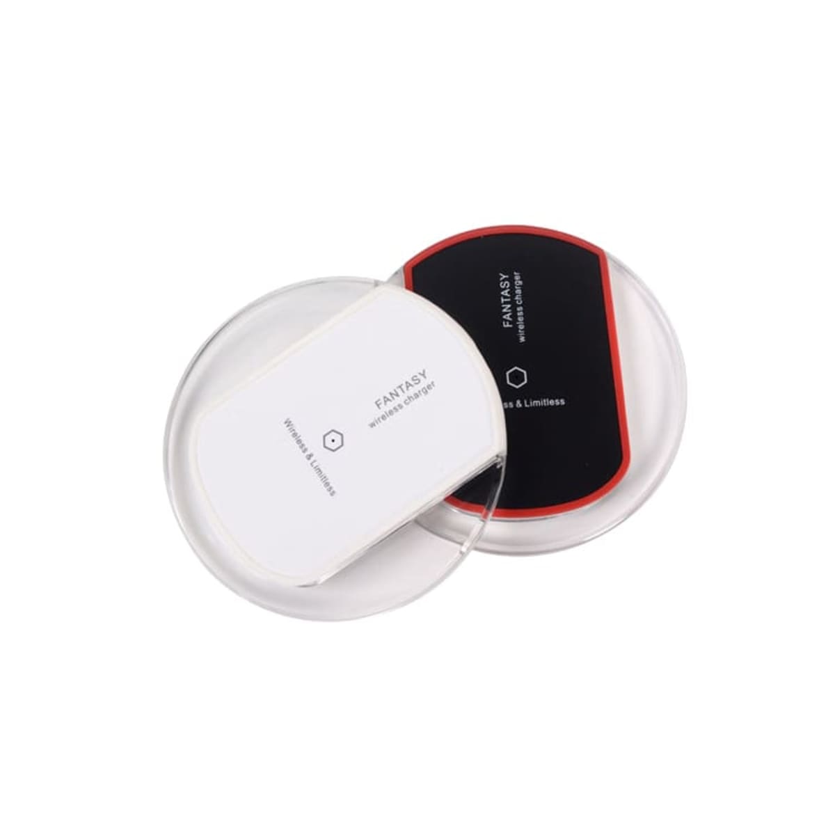 Two circular wireless chargers overlapping. One is white with a grey trim and the other is black with a red trim. Both have Fantasy Wireless Charger text on the surface, along with a power symbol icon.