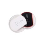 Two round wireless chargers overlap on a white background. One charger is white with a clear rim, and the other is black with a red rim. They both feature the text FANTASY Wireless Charger on their surface.