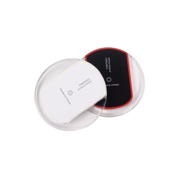 Two round wireless chargers overlap on a white background. One charger is white with a clear rim, and the other is black with a red rim. They both feature the text FANTASY Wireless Charger on their surface.