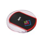 A round, black wireless charging pad with a clear outer rim and red accents. It features a colorful geometric logo and the brand name UVEX on its surface.