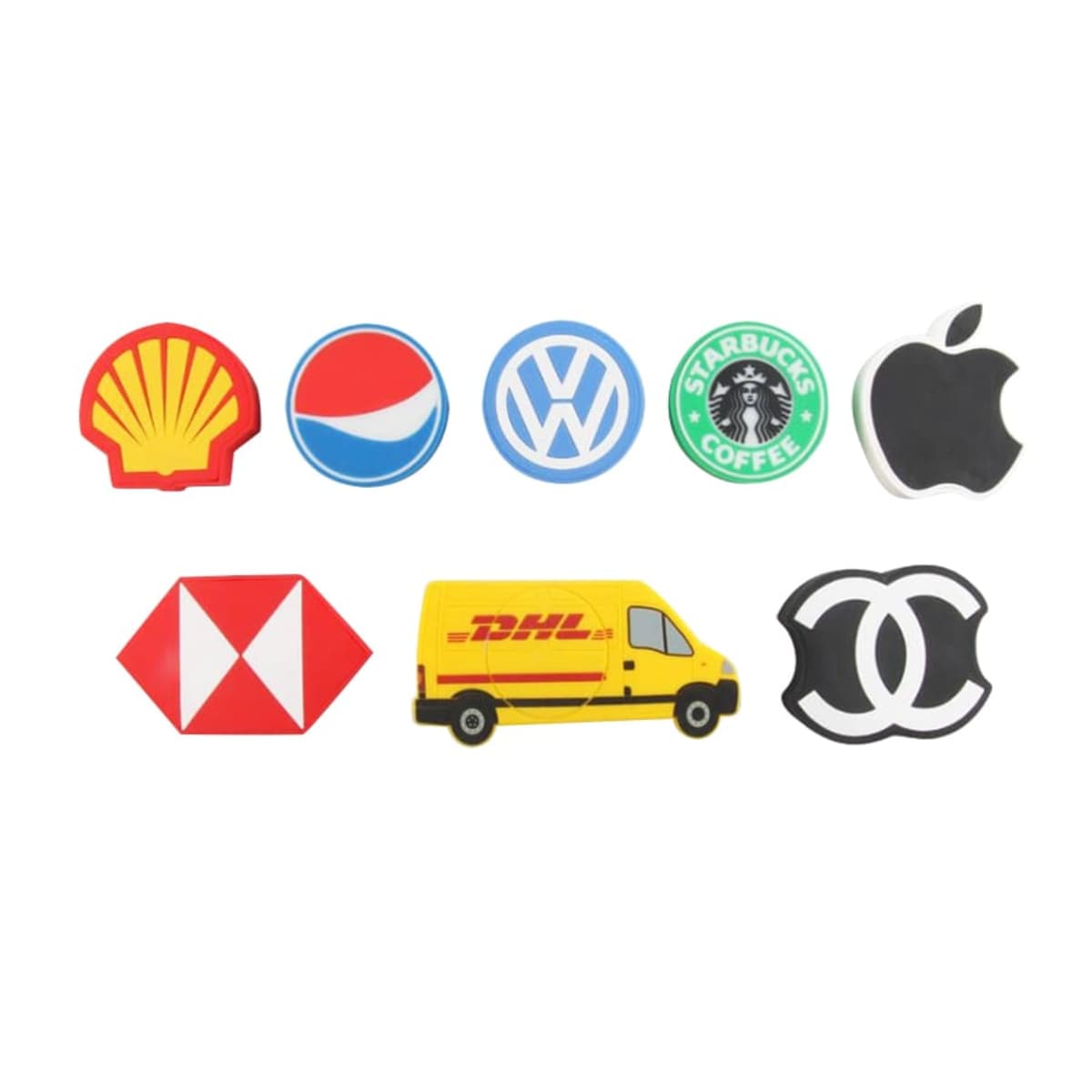 Image of eight logos: Shell, Pepsi, Volkswagen, Starbucks, Apple, HSBC, DHL van, and Chanel. Each logo is colorful and distinct in its design.