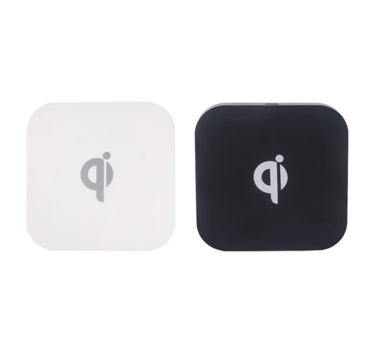 Two square-shaped Qi wireless charging pads, one white and one black, each displaying the Qi symbol in the center, set against a plain white background.