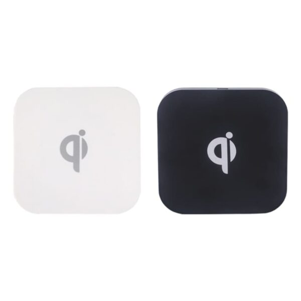 Two square Qi wireless charging pads, one white and one black, side by side on a white background. Each pad has the Qi logo in the center.