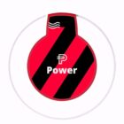 Red and black striped circular object with the word Power in white text. The design includes a stylized P above the text and a small white wave symbol near the top edge.