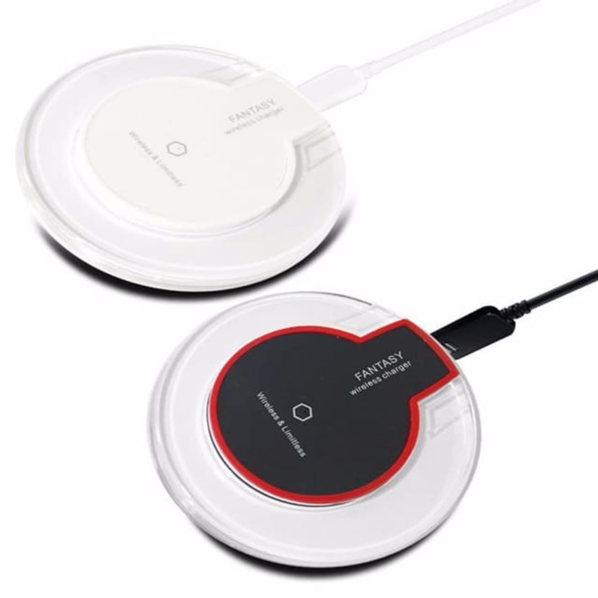 Two round wireless chargers are shown. One is black with a red rim, and the other is white with a translucent rim. Both have the word FANTASY on them and are plugged in with USB cables.