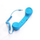 A blue retro-style telephone handset with a coiled cord ending in a 3.5mm audio jack is set against a plain white background.