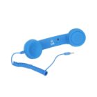 A blue retro-style phone handset with a coiled cord and a 3.5mm audio jack plug. The handset features icons for volume control and a wired connection. It is set against a plain white background.