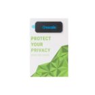 Webcam cover package labeled Protect Your Privacy with a geometric green design. The cover is black with a blue logo and attached to the top of the packaging.