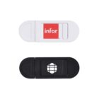 Two rectangular plastic webcam covers, one white with a red square and infor logo, and the other black with a white grid design. Both have a sliding mechanism to open and close over a webcam lens.