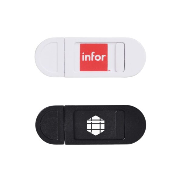 Two webcam covers are shown. The upper one is white with a red square and the word infor on it. The lower one is black with a white cube logo design. Both have a sliding mechanism to open and close.