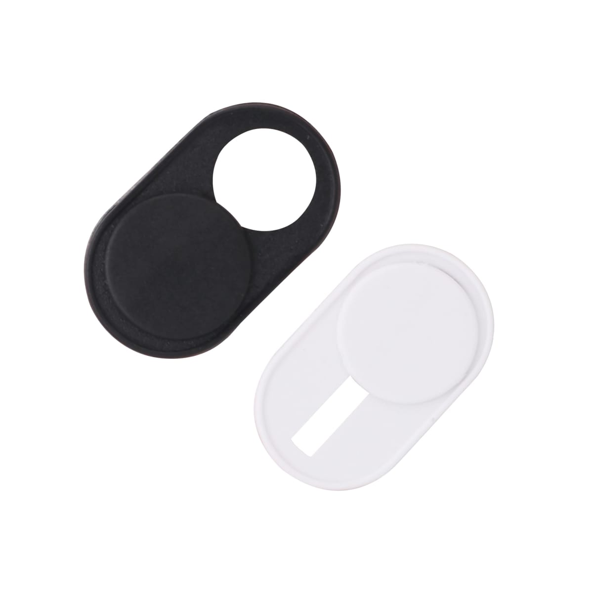 Two webcam covers are shown, one black and one white, with sliding mechanisms to cover or expose a camera lens. The covers are oval-shaped and designed to be attached to devices for privacy protection.